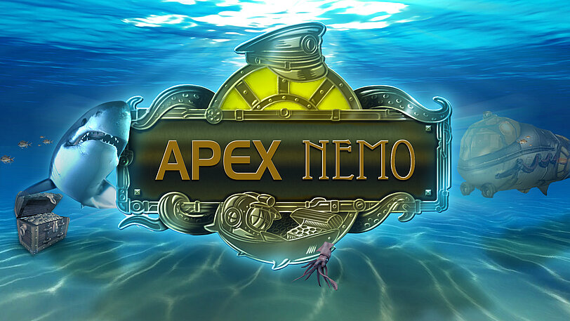 APEX Nemo Logo schwimmt unterwasser im Meer neben weißem Hai, U-Boot, Kalmar, Fischen und Schatzkiste.