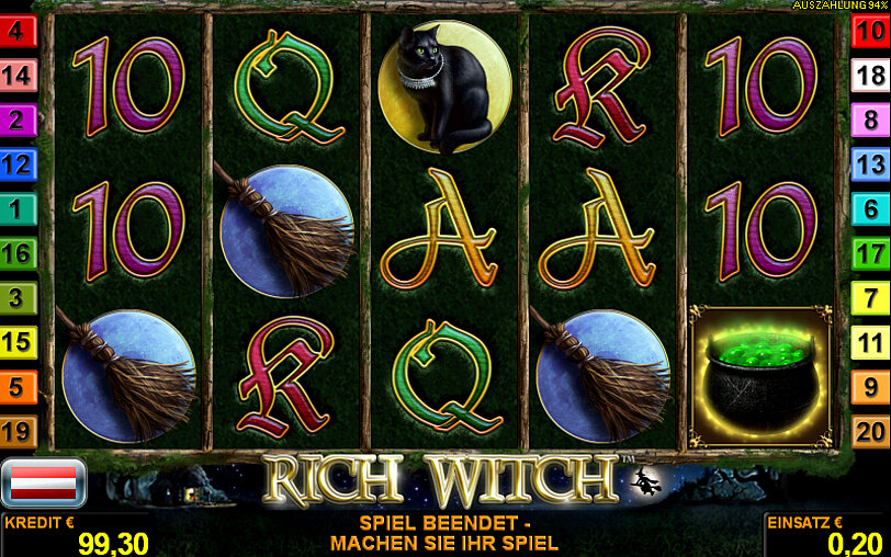 Rich Witch Gewinnwalzen mit Gewinnsymbolen wie schwarze Katze, Hexenbesen und Zauberkessel.