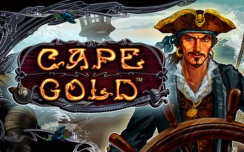 Abenteuerlicher Seekapitaen mit Piratenhut und Goldkette am Schiffssteuer neben Cape Gold Logo.