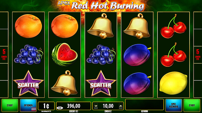 Red Hot Burning Ingame-Screenshot mit Fruechtchen und Glocken auf den Gewinnwalzen.