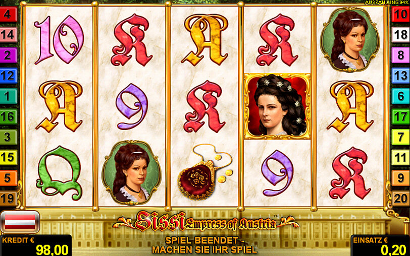 Spielansicht von Sissi Empress of Austria mit Gluecksspielsymbolen auf den Spielwalzen.