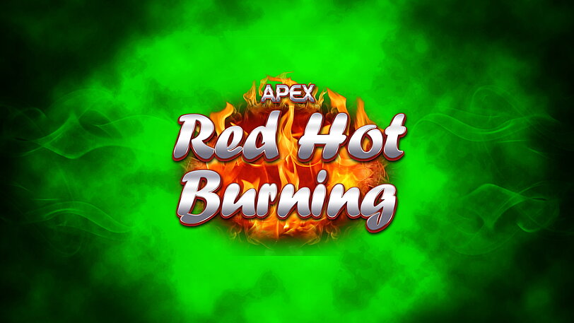 Rot-orange brennendes Apex Red Hot Burning Logo vor gruen schimmernden Hintergrund.