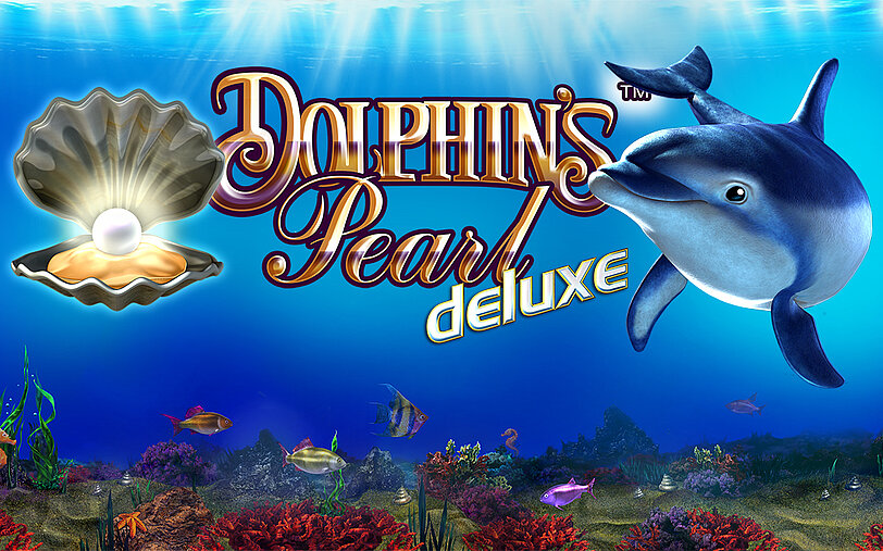 Dolphin's Pearl Deluxe Logo umgeben von Perlmuschel, großer Delfin und Meeresboden mit Fischen.
