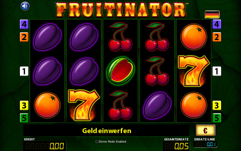 Zwetschke, Kirsche, Wassermelone, Orange und Zahl 7 auf den Spielwalzen von Fruitinator.