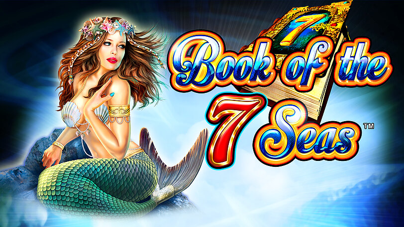 Book of the 7 seas Logo-Schriftzug neben Meerjungfrau mit Muschel-Bikini und Haarschmuck.