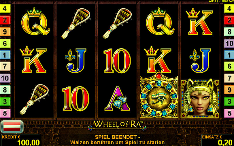 Aegyptische Symbole und Hieroglyphen auf den Automatenwalzen vom Spiel Wheel of Ra. 