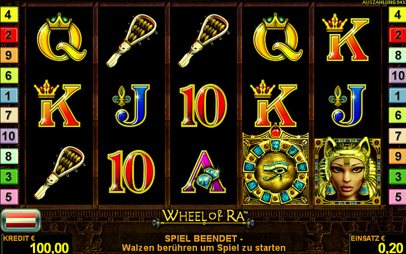 Aegyptische Symbole und Hieroglyphen auf den Automatenwalzen vom Spiel Wheel of Ra.
