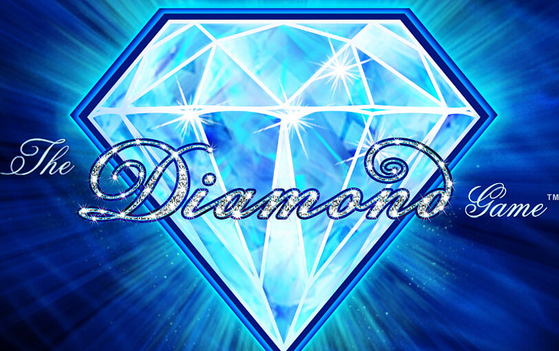 The Diamond Game Logo, dahinter glaenzend strahlender weissblauer Diamant. 