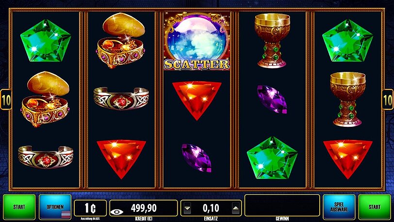 Spielansicht Clover Cash Blazing Gems mit funkelnden Gewinnsymbolen auf den Walzen.