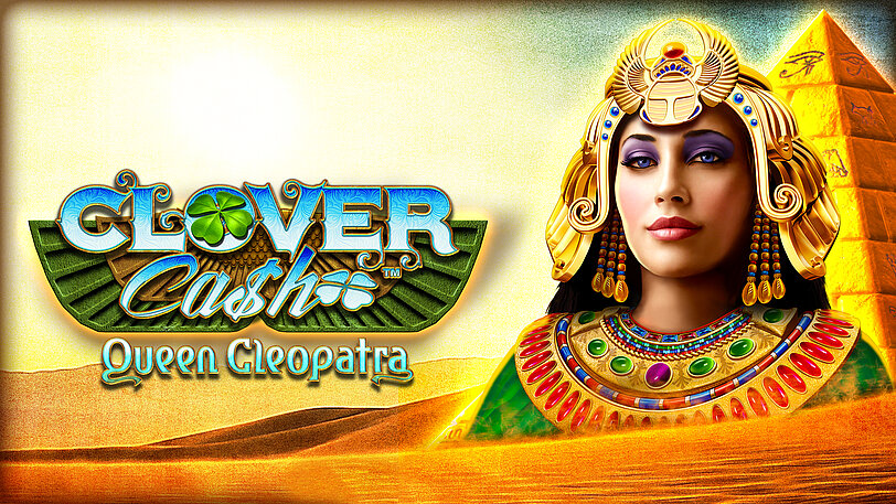 Anmutige Queen Cleopatra mit aegyptischem Schmuck neben Clover Cash Queen Cleopatra Logo.