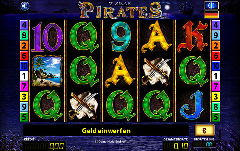 Spiel-Ansicht vom RTG-Spiel 7 seas pirates mit Piratensymbolen. 