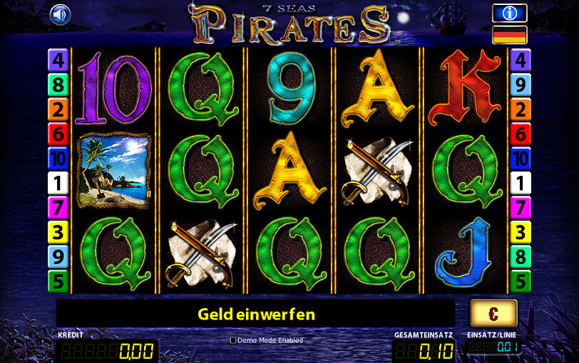 Spiel-Ansicht vom RTG-Spiel 7 seas pirates mit Piratensymbolen.