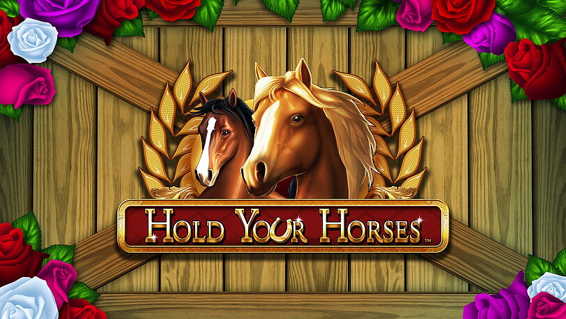 Hold your Horses Hauptgrafik mit zwei braunen Pferden und Pferderennen-Siegeskranz aus Blumen.