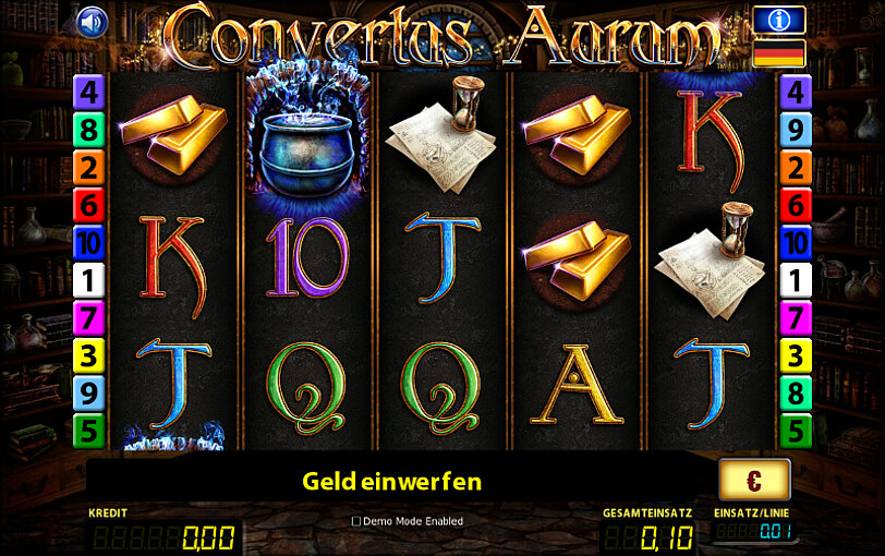 Spielwalzen von Convertus Aurum mit Goldbarren-, Zauberkessel- und Schriftstueck-Gewinnsymbole. 
