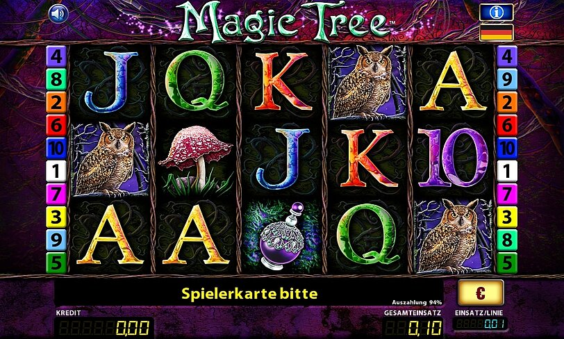 Die Spielsymbole Pilz und Eule auf den Automatenwalzen von Magic tree.