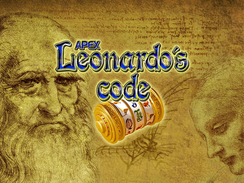 Skizziertes Selbstportraet von Da Vinci mit Leonardo's Code Logo und Cryptex. 