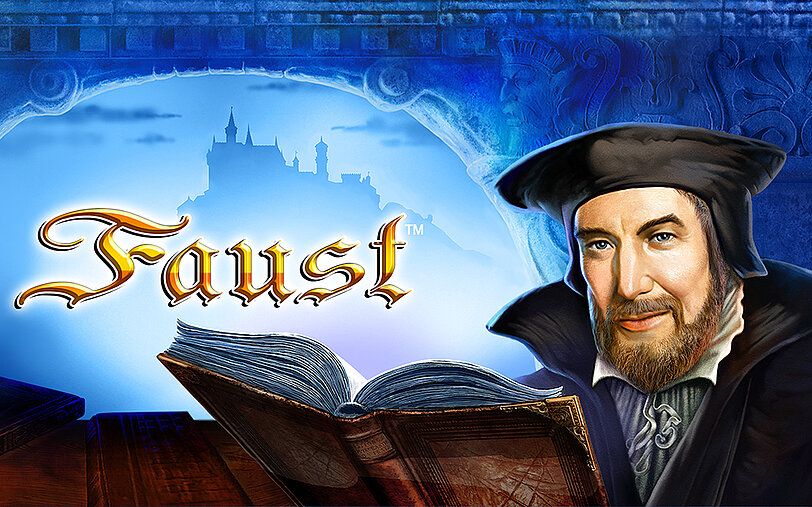 Abbildung von Protagonist Faust mit einem Buch neben Faust-Logo.