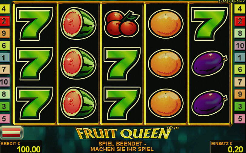 Gewinnwalzen mit Fruechtchen-Glueckssymbolen im Spiel Fruit Queen. 