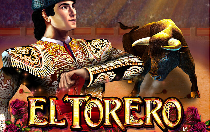 El Torero Logo, dahinter spanischer Matador und Stier in einer großen Stierkampfarena.