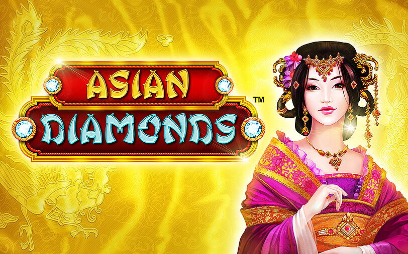 Asiatische Schoenheit in traditioneller Kleidung und Kopfschmuck neben Asian Diamonds Logo.