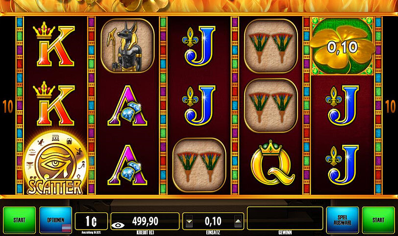 Spielwalzen-Ansicht in Clover Cash Eye of the queen magic mit Anubis- und Hieroglyphen-Symbolen.