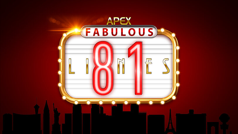 APEX Fabulous 81 Lines Logo ueber Skyline von Sehenswuerdigkeiten verschiedener Staedte. 