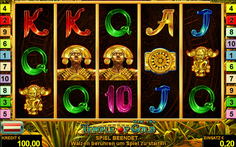 Spiel-Ansicht von Temple of Gold mit goldenen, mystischen Gewinnsymbolen.