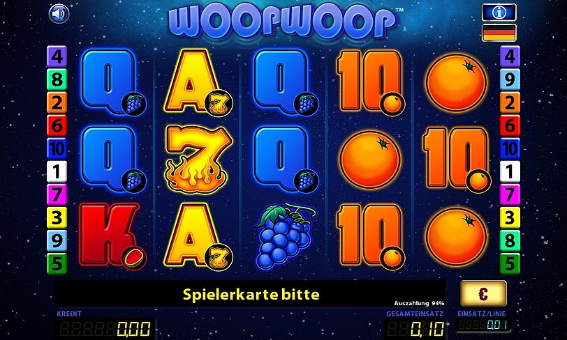 Fruechte-Gewinnsymbole auf den Automatenspielwalzen von RTG's Spiel WOOP WOOP.