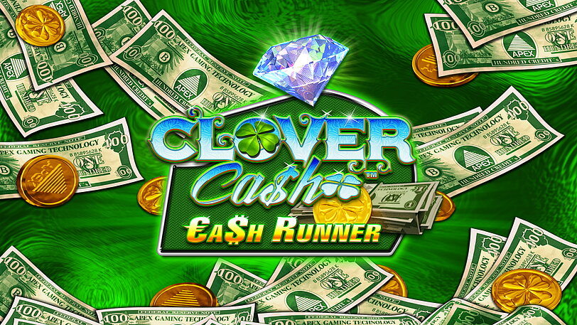 Clover Cash Cash Runner Logo vor gruenem Hintergrund mit Geldscheinen und Goldmuenzen.