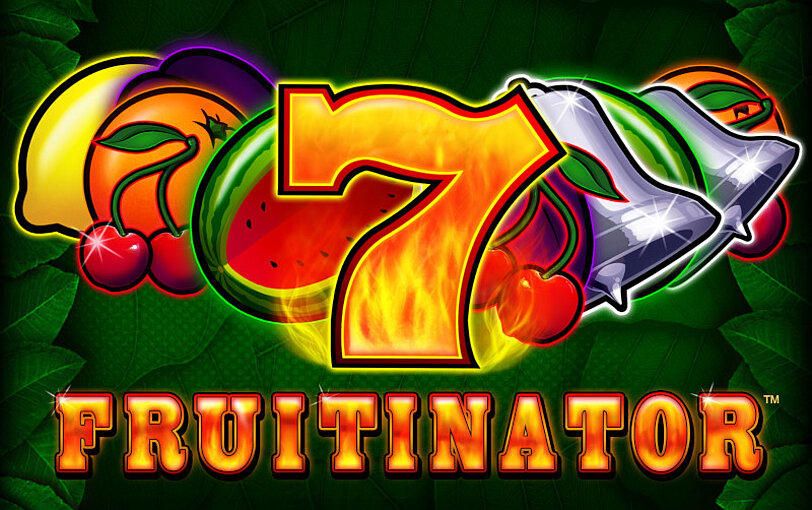 Fruitnator Logo mit klassischen Automatenspiel-Symbolen ueber rot-gelben Flammen.