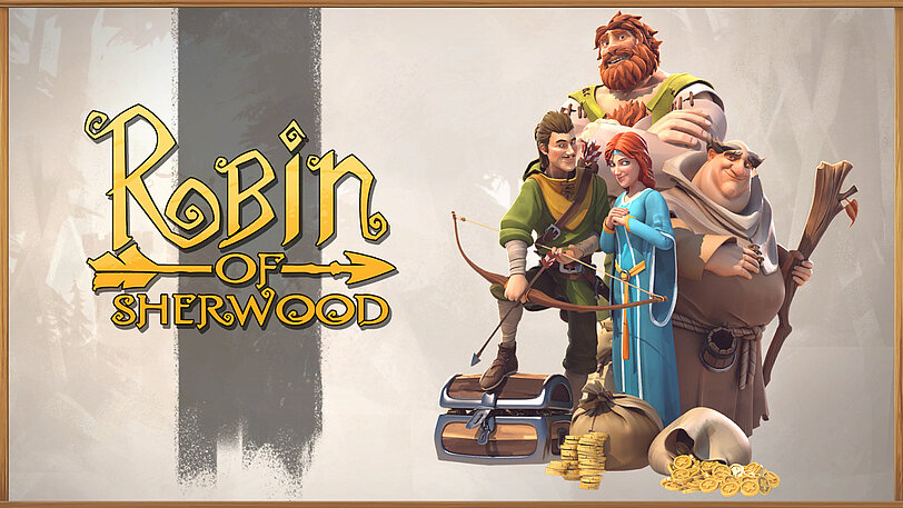 Robin Hood mit seinen Freunden und prall gefuellten Geldsaecken neben Robin of Sherwood Logo.