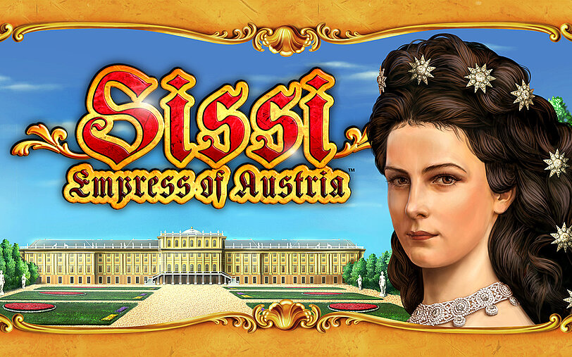 Kaiserin Sissi mit prachtvollem Haar, neben Sissi Empress of Austria Logo vor Schloss Schoenbrunn in Wien.
