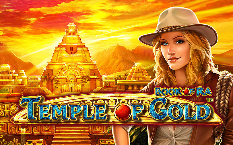 Blonde Abenteurerin mit Hut und Seil vor goldener Tempelstadt & Temple of Gold Book of Ra Logo.