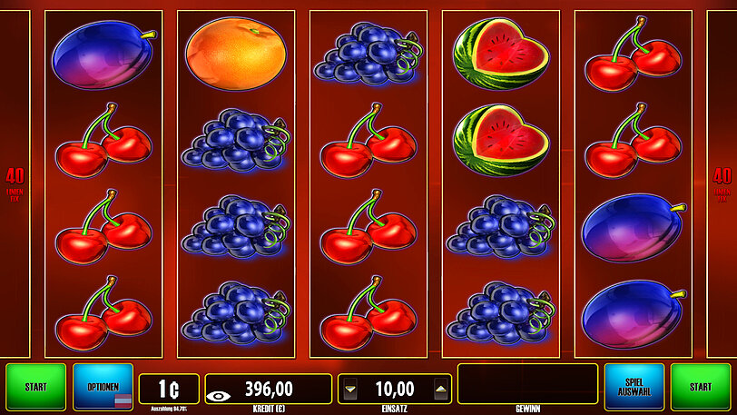 Spielwalzen-Ansicht im Spiel Red Hot 40 Xtreme mit verschiedenen Obst-Arten als Gewinnsymbole.