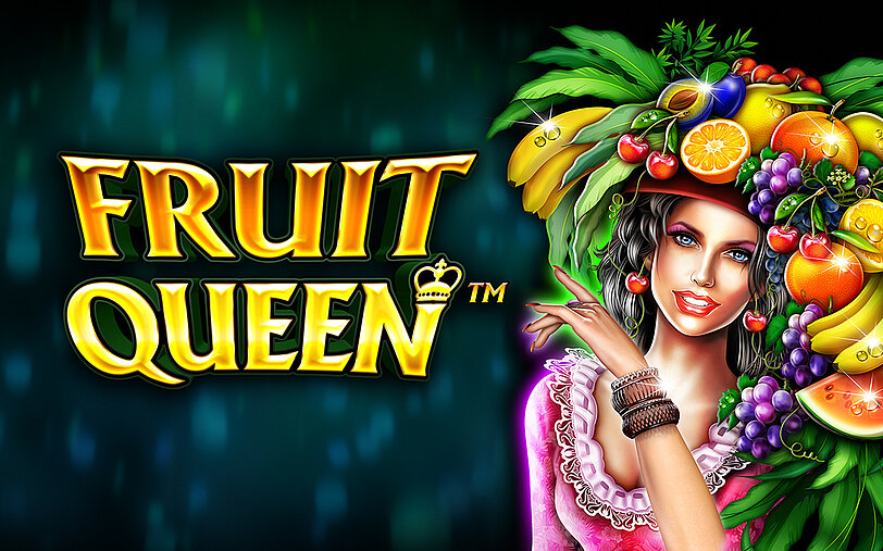 Fruit Queen Logo neben Frau mit rosa Kleid und Hut aus verschiedenen Fruechten. 