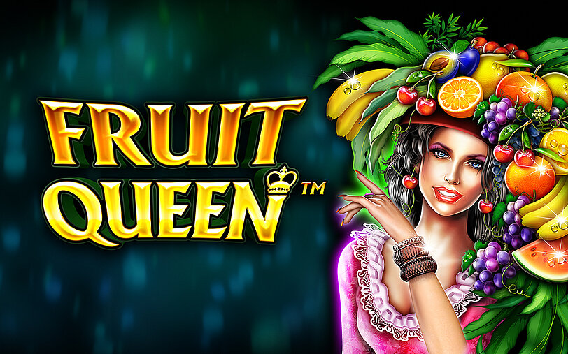Fruit Queen Logo neben Frau mit rosa Kleid und Hut aus verschiedenen Fruechten.