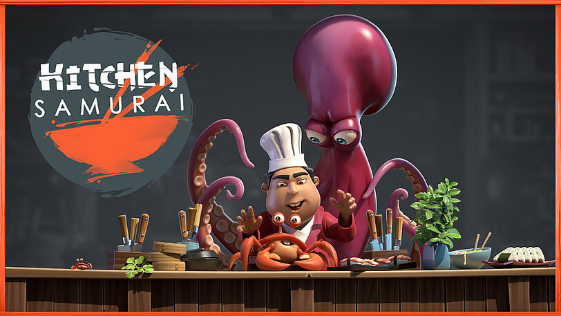 Werbegrafik von Kitchen Samurai mit violettem Oktopus, japanischem Koch und Krabbe. 