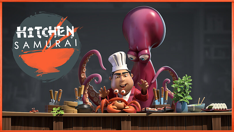 Werbegrafik von Kitchen Samurai mit violettem Oktopus, japanischem Koch und Krabbe.