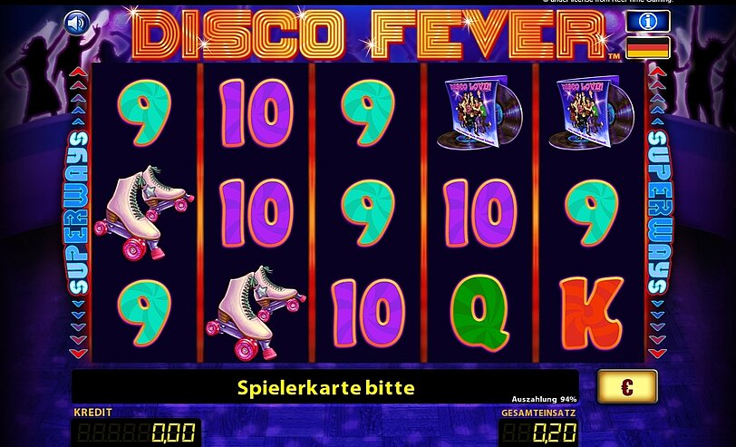 Spielwalzen von Disco Fever mit Rollschuhen und Schallplatten als Gewinnsymbole.