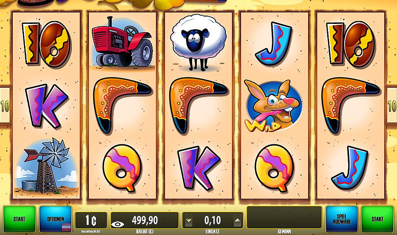 Clover Cash Buckaroos-Spielansicht der Walzen und Gewinnsymbolen.