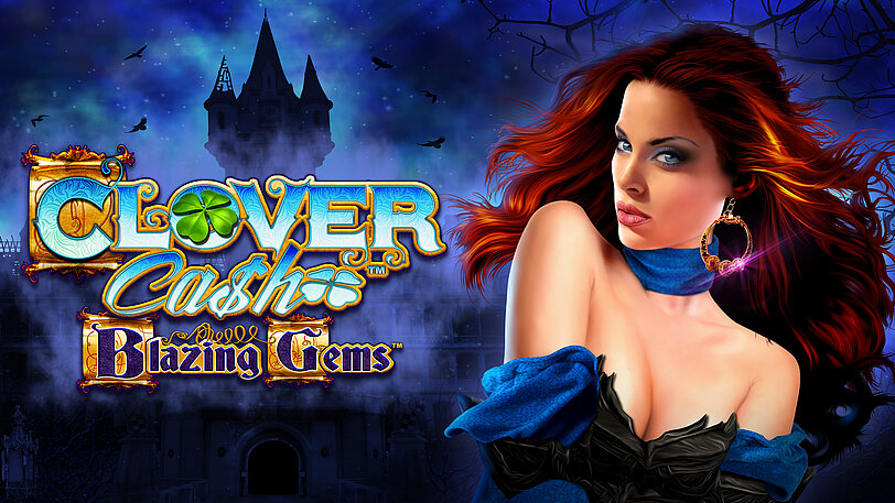 Clover Cash Blazing Gems Logo neben rothaariger Frau mit tiefem Ausschnitt vor düsterem Hintergrund.