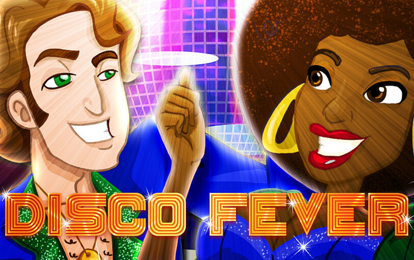 Frau und Mann im 70er Kleidungsstil in einer Disco mit bunt leuchtender Discokugel + Disco Fever Logo.