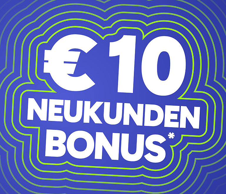Der Schriftzug "€ 10 Neukundenbonus" in weiß auf blauem Hintergrund.