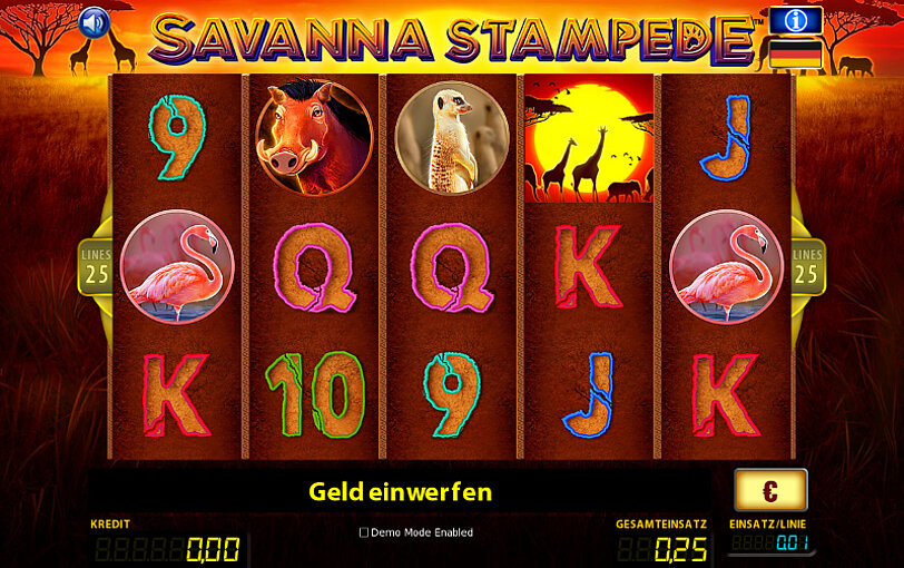Gewinnsymbole mit afrikanischen Tieren auf den Walzen vom Spiel Savanna Stampede.