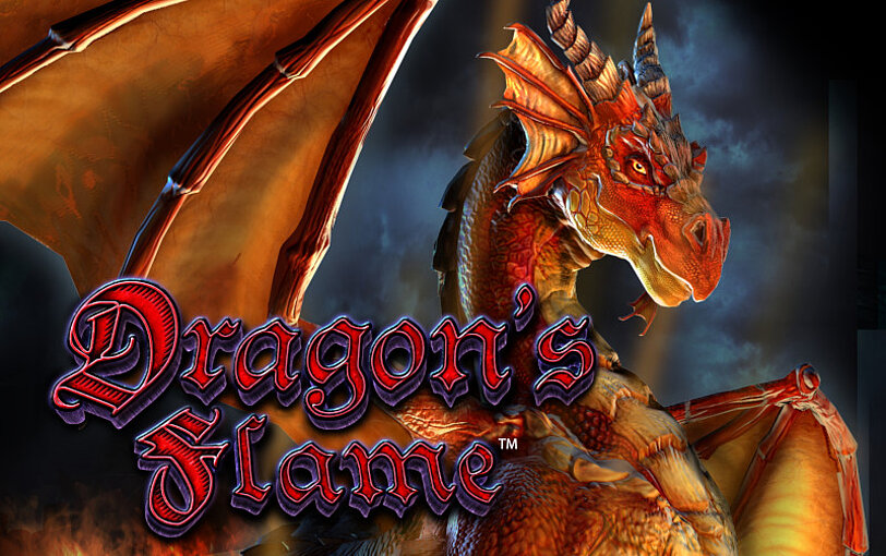 Dragon's Flame Logo und gigantischer, furchterregender, roter Drache auf brennenden Muenzstapeln.