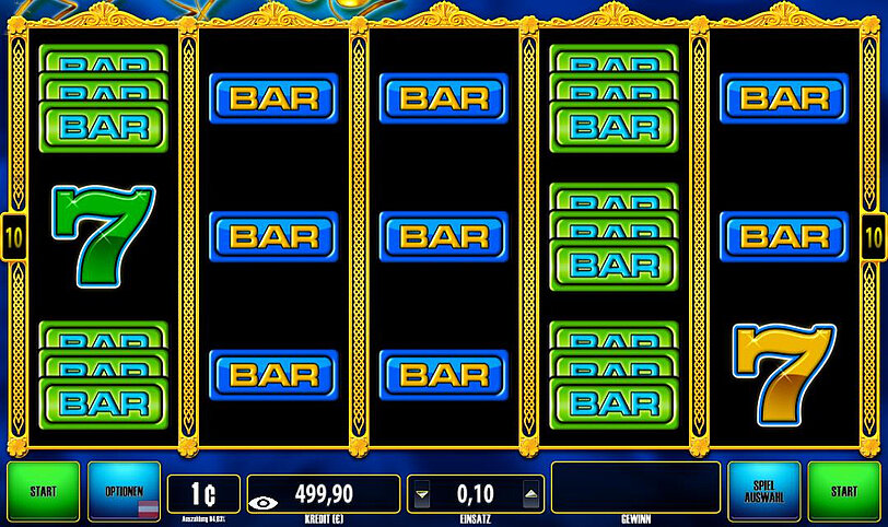 Spielansicht von Clover Cash Bars & Sevens mit Barren und mehreren Sieben.