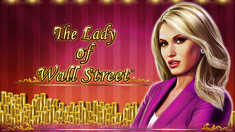 Blonde adrette Frau mit fuchsia-farbenen Blazer vor Muenzstapeln und Lady of Wall Street Logo.
