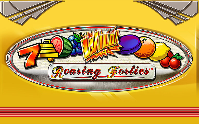 Roaring Forties Logo mit klassischen Automatenspiel-Fruechten.