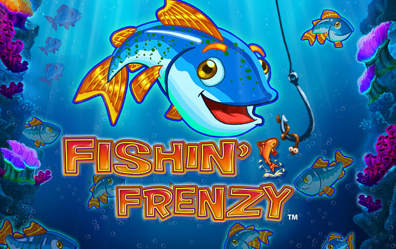 Fishin' Frenzy Logo und großer Tunfisch in Unterwasserwelt mit vielen weiteren kleinen Fischen. 