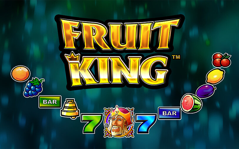 Fruit King Logo & Orange, Weintraube, Barren, Glocke, Zahl 7, Koenig, Wassermelone, Zwetschke, Zitrone, Kirsche.